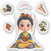 こけし人形ステッカーブルーと金ゴールド シール (正面)