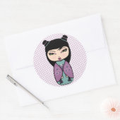 こけし人形ステッカー、光沢、3インチ（6枚セット） ラウンドシール (封筒)