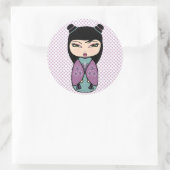 こけし人形ステッカー、光沢、3インチ（6枚セット） ラウンドシール (バッグ)