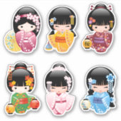 こけし人形セット1 -日本の芸者ガールズ シール (正面)