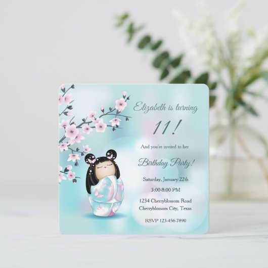 こけし人形ターコイズガールズ誕生日 招待状 (スタンド正面)