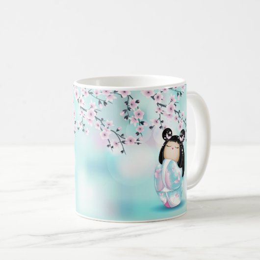 こけし人形チビ(小さくかわいく書いた感じ)さくらんぼ花咲きコーヒーマグ コーヒーマグカップ (正面右)