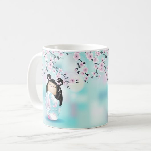 こけし人形チビ(小さくかわいく書いた感じ)さくらんぼ花咲きコーヒーマグ コーヒーマグカップ (正面左)