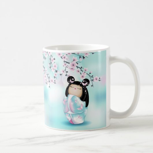 こけし人形チビ(小さくかわいく書いた感じ)さくらんぼ花咲きコーヒーマグ コーヒーマグカップ (右)