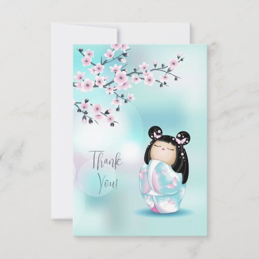 こけし人形ピンクターコイズありがとう サンキューカード (正面)