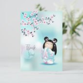 こけし人形ピンクターコイズありがとう サンキューカード (スタンド正面)