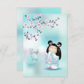 こけし人形ピンクターコイズありがとう サンキューカード (正面/裏面)