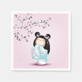 こけし人形ピンクターコイズガールズ誕生日 スタンダードカクテルナプキン