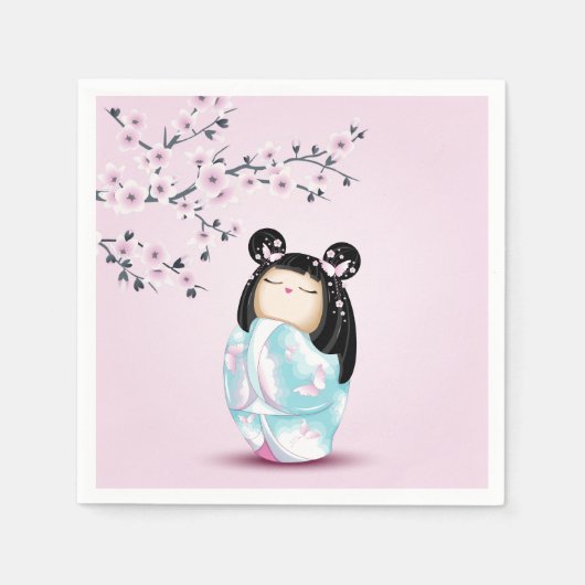 こけし人形ピンクターコイズガールズ誕生日 スタンダードカクテルナプキン (正面)