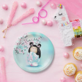 こけし人形ピンクターコイズガールズ誕生日 ペーパープレート (パーティー)