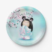 こけし人形ピンクターコイズガールズ誕生日 ペーパープレート (正面)