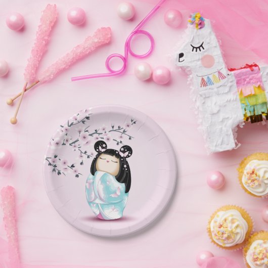 こけし人形ピンクターコイズガールズ誕生日 ペーパープレート (パーティー)