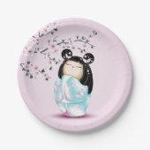こけし人形ピンクターコイズガールズ誕生日 ペーパープレート (正面)