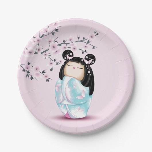 こけし人形ピンクターコイズガールズ誕生日 ペーパープレート (正面)