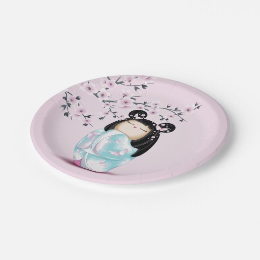 こけし人形ピンクターコイズガールズ誕生日 ペーパープレート (アングル)