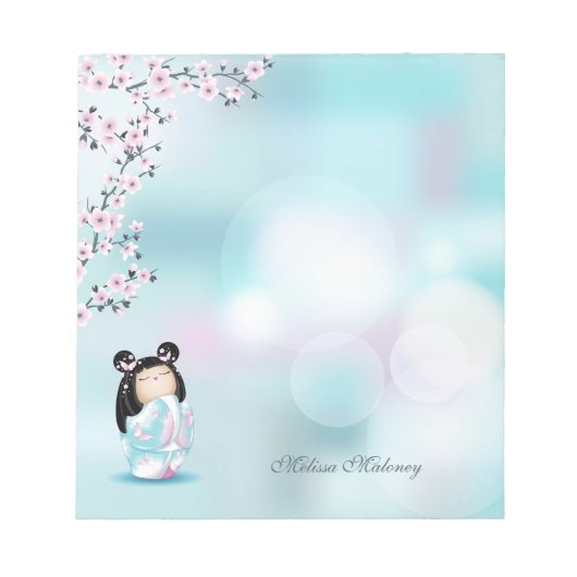 こけし人形ピンクターコイズモノグラム ノートパッド (正面)