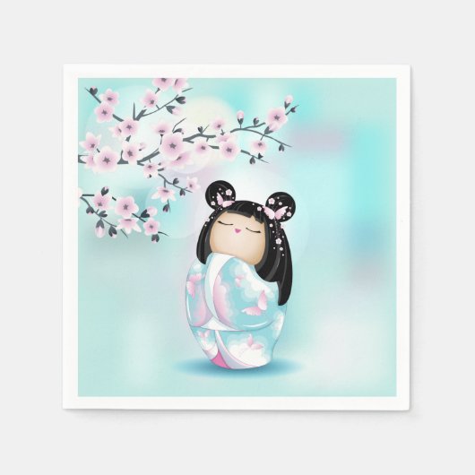 こけし人形ピンクターコイズ女子 スタンダードカクテルナプキン (正面)