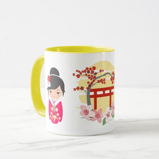 こけし人形桃色の着物 マグカップ (正面左)