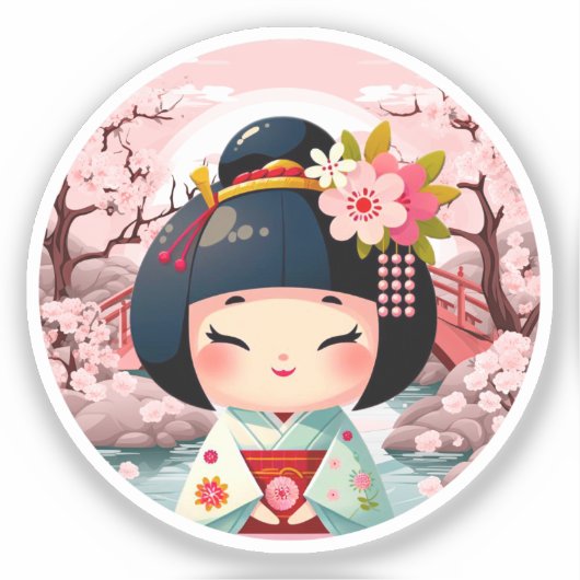 こけし人形緑地付こけしステッカー シール (正面)