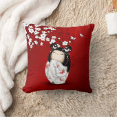 こけし人形赤白黒さくらんぼ花 クッション (ブランケット)