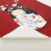 こけし人形赤白黒さくらんぼ花 シェルパブランケット (3/4)