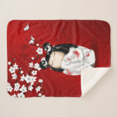 こけし人形赤白黒さくらんぼ花 シェルパブランケット (正面(横))