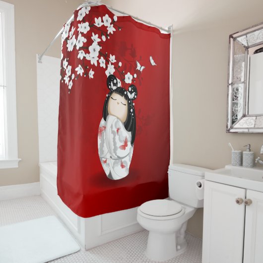 こけし人形赤白黒さくらんぼ花 シャワーカーテン (インサイチュ)
