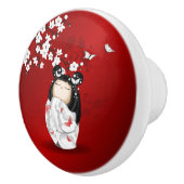 こけし人形赤白黒さくらんぼ花 セラミックノブ (右)