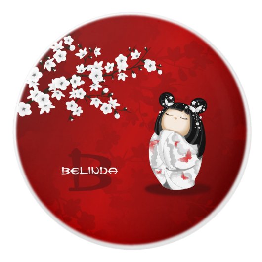 こけし人形赤白黒さくらんぼ花 セラミックノブ (正面)