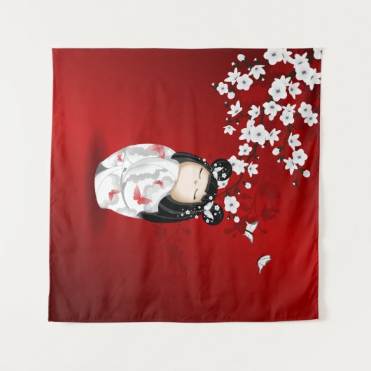 こけし人形赤白黒さくらんぼ花 タペストリー (正面(横))