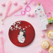 こけし人形赤白黒さくらんぼ花 ペーパープレート (パーティー)