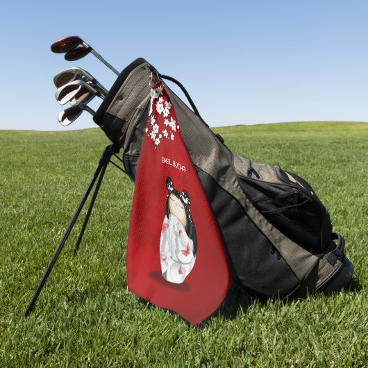 こけし人形赤白黒さくらんぼ  ゴルフタオル (グリーン)