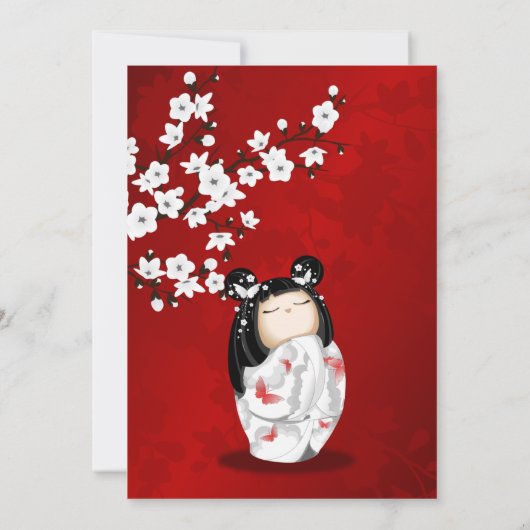 こけし人形赤白 |ガールズ誕生日 招待状 (裏面)