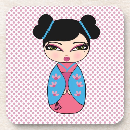 こけし人形2コースター付きコルクバック – 6セット コースター (正面)