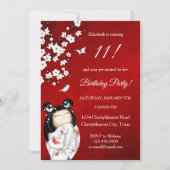 こけし人形 赤 白 | 女の子の誕生日 招待状 (正面)