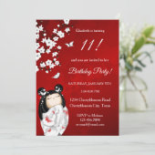 こけし人形 赤 白 | 女の子の誕生日 招待状 (スタンド正面)