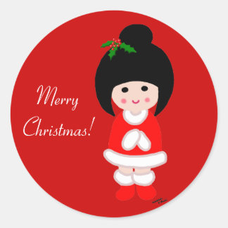 こけし女の子クリスマスin赤 ラウンドシール