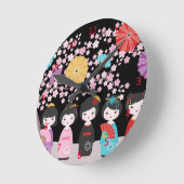 こけし日本の人形（黒） ラウンド壁時計 (傾斜)