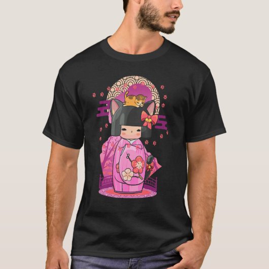 こけし 猫 和風 Tシャツ (正面)