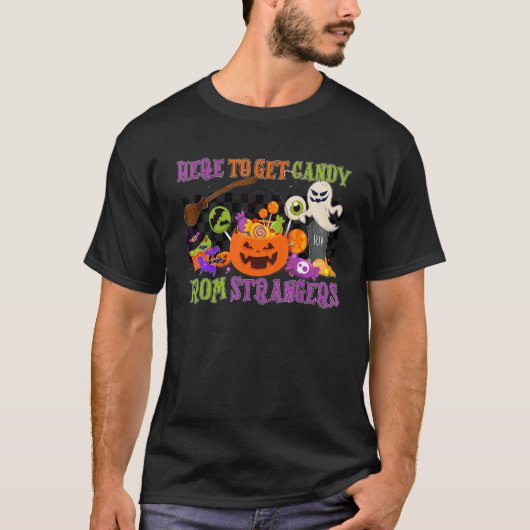 ここでは見知らぬ人からキャンディを取得するハロウィーンレトロP Tシャツ (正面)
