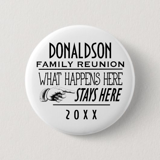 ここで何が起こるかおもしろいファミリー懇親会ギフト 缶バッジ (正面)