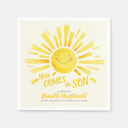 ここで来は、息子の黄色い太陽の白い赤ちゃんシャワー スタンダードカクテルナプキン (正面)
