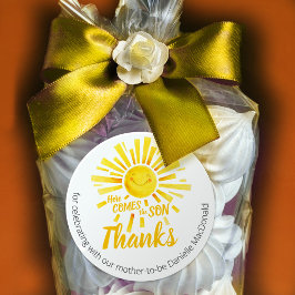 ここで来は、息子の黄色い太陽の白い赤ちゃんシャワー ラウンドシール