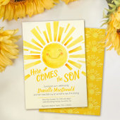 ここで来は、息子の黄色い太陽の白い赤ちゃんシャワー 招待状