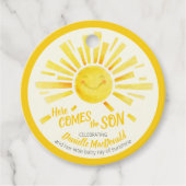 ここで来は、息子の黄色の太陽の赤ん坊のシャワーの好意 フェイバータグ (正面)