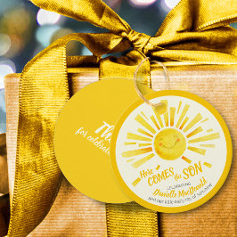 ここで来は、息子の黄色の太陽の赤ん坊のシャワーの好意 フェイバータグ