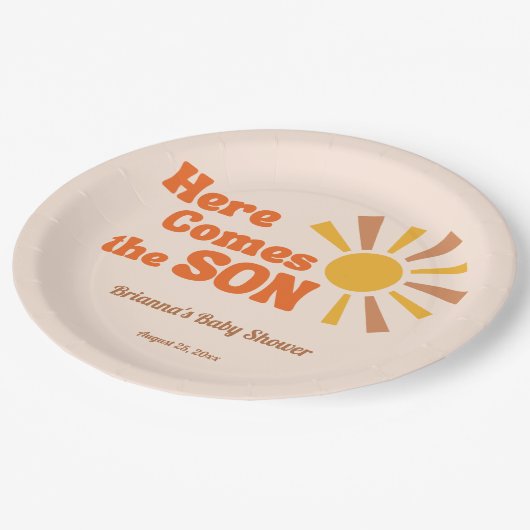 ここで来息子の赤ちゃんシャワーのグルーヴィレトロ ペーパープレート (アングル)