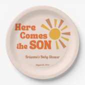 ここで来息子の赤ちゃんシャワーのグルーヴィレトロ ペーパープレート (正面)