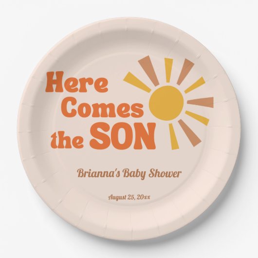 ここで来息子の赤ちゃんシャワーのグルーヴィレトロ ペーパープレート (正面)