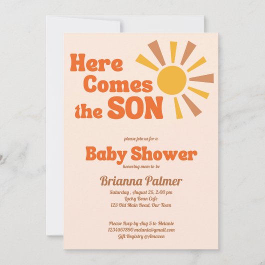 ここで来息子の赤ちゃんシャワーのグルーヴィレトロ 招待状 (正面)